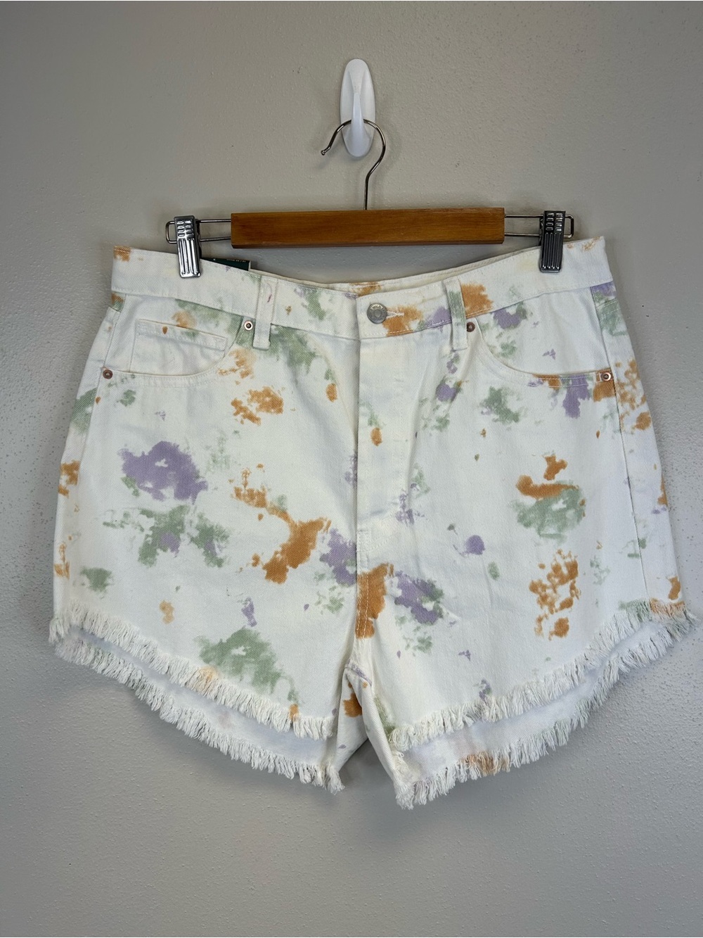 Tie-Dye Denim Shorts Frayed Hem Size‎ 14 NWT Multicolor Hippie Festival Summer